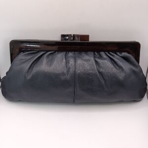 Vintage 70's Navy Italian Leather Clutch With Acrylic Frame Purse